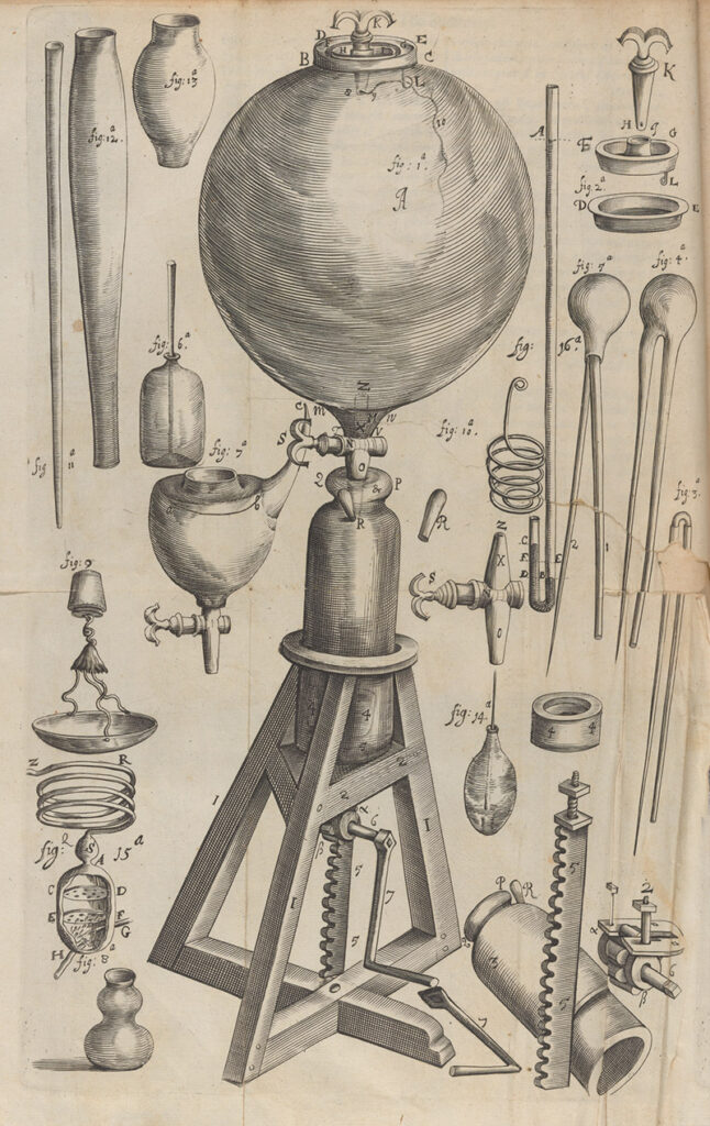 Dibujo de la bomba de vacío de Robert Boyle, 1661
